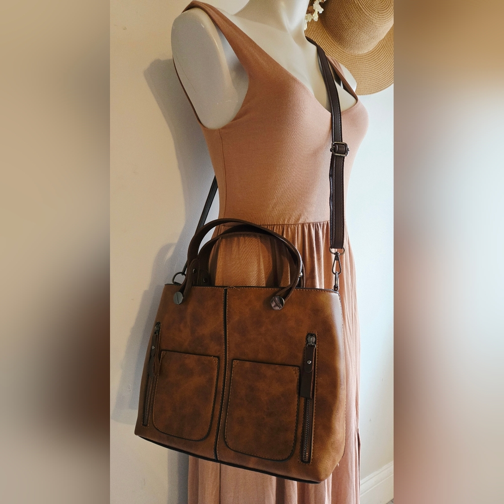 Women's Brown Faux Leather Tote with Dual Front Pockets